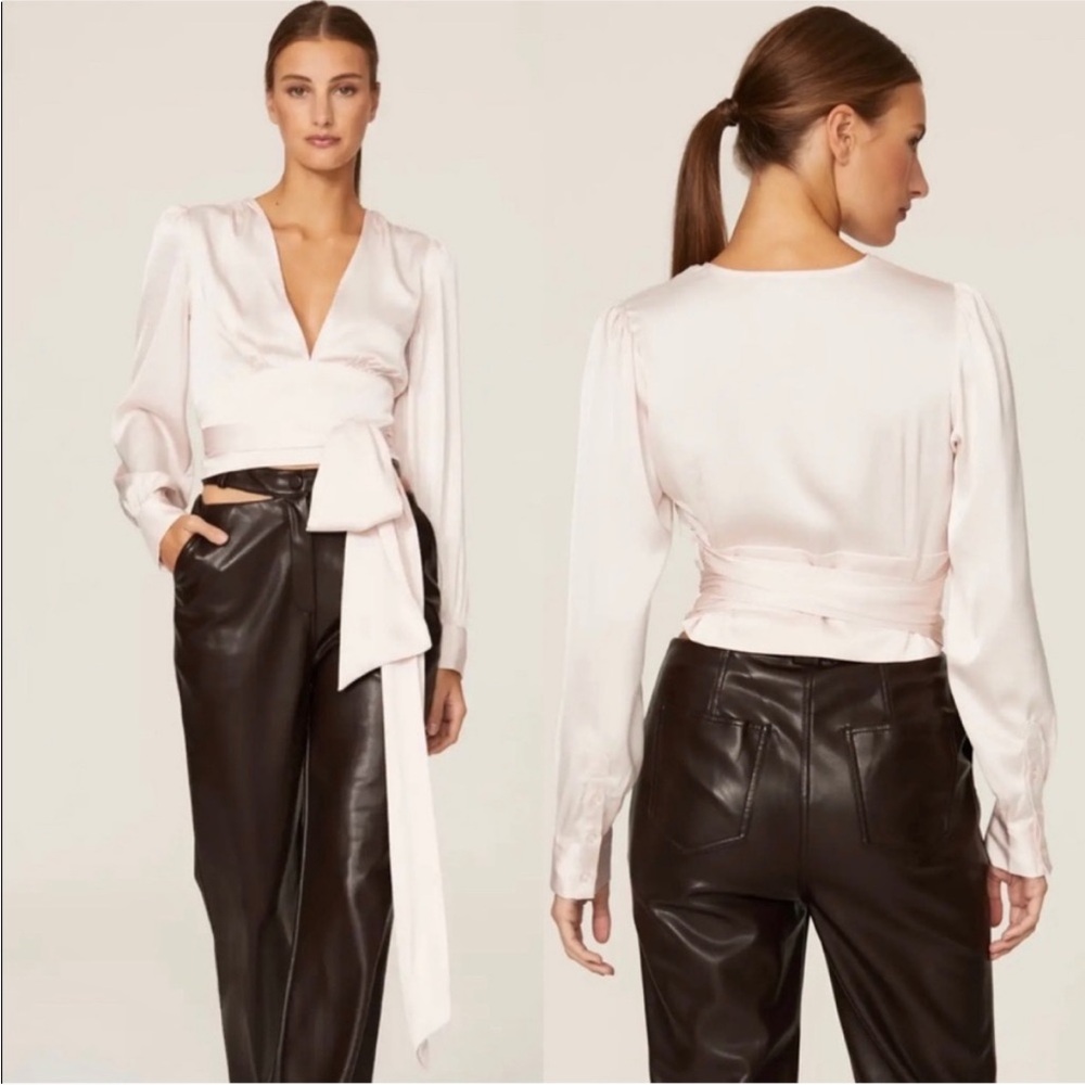 Marissa Web Collective Blush Tie Waist Blouse - Pink Ivory Crop Satin 4 Small